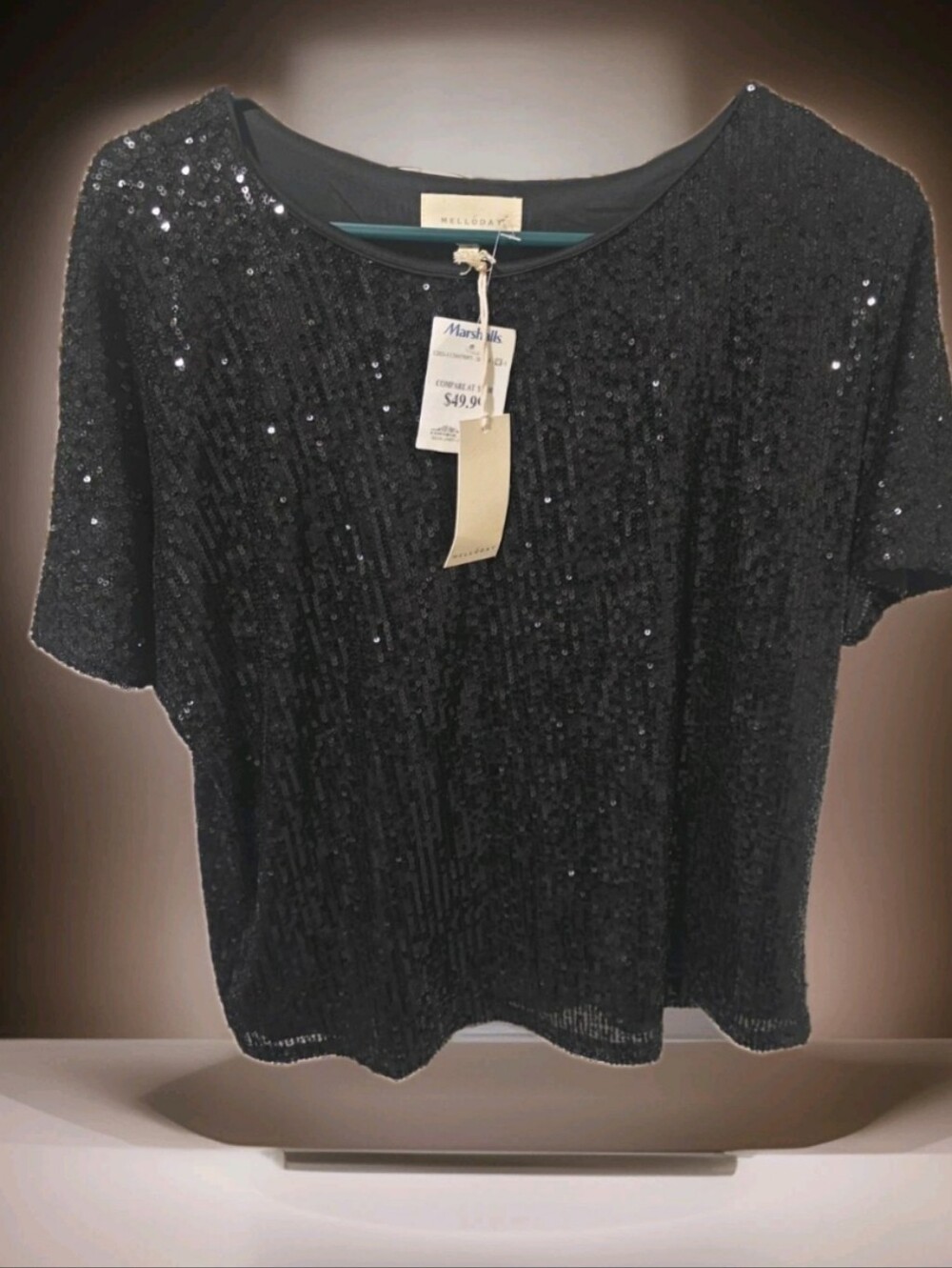 NWT Melloday Womens  Shortsleeve  Black  Sequin Blouse Sz Medium